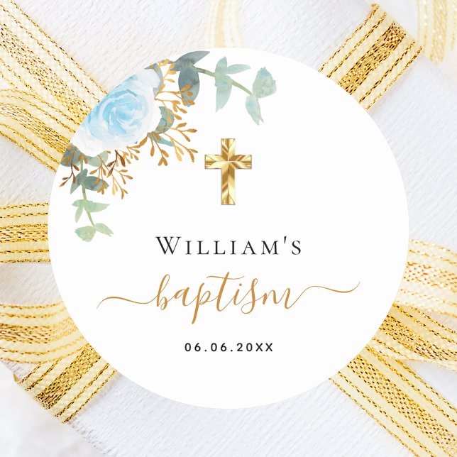 Sticker Rond Baptême eucalyptus vert bleu garçon fleuri (Créateur téléchargé)
