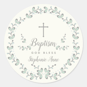 Sticker Rond Baptême Feuille bleue et verte