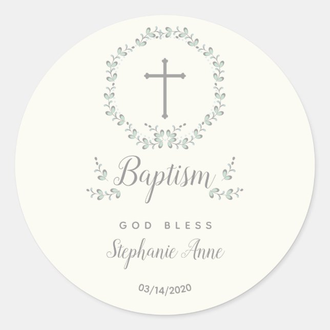 Sticker Rond Baptême Feuille bleue et verte (Devant)