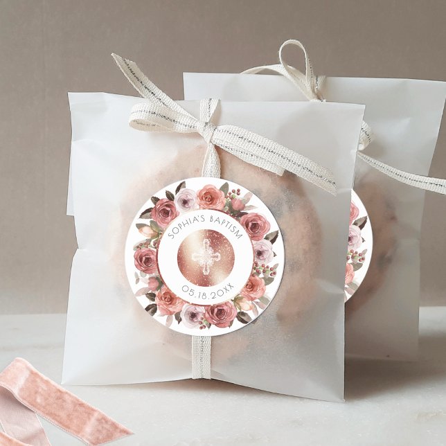 Sticker Rond Baptême Fille, Enveloppe Florale Rose Gold / Cadea (Créateur téléchargé)