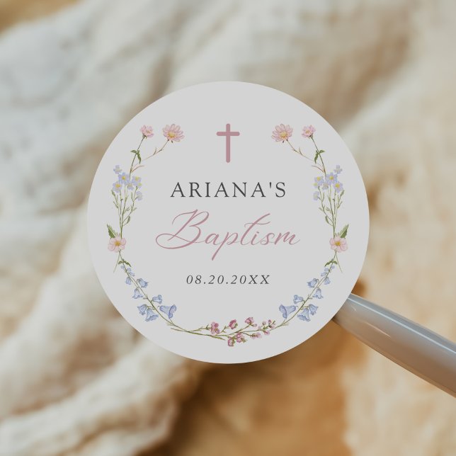 Sticker Rond Baptême Fille Fleur Sauvage (Créateur téléchargé)