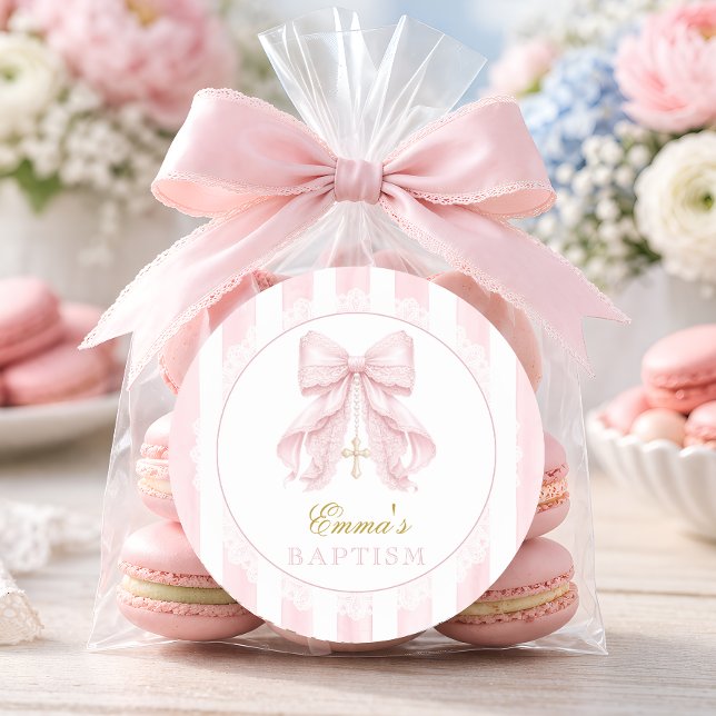 Sticker Rond Baptême Fille Ruban Rose Dentelle (Créateur téléchargé)