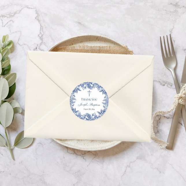 Sticker Rond Baptême Fleur de Toile Bleue (Créateur téléchargé)