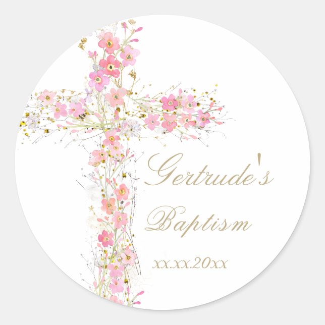 Sticker Rond Baptême fleurs roses croisent bébé fille (Devant)