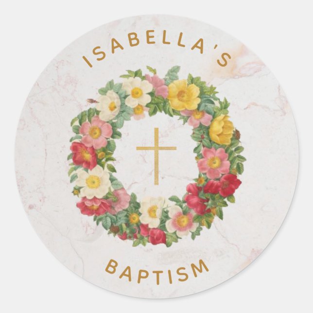 Sticker Rond Baptême Floral Gold Cross Wild Rose Wreath Marble (Devant)