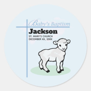 Sticker Rond Baptême Garçon Bleu Agneau, Personnalisable
