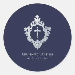 Sticker Rond Baptême garçon bleu marine fausse crête argentée v