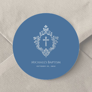 Sticker Rond Baptême garçon Classic Bleu Vintage Argent Crest