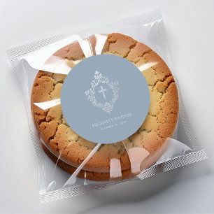 Sticker Rond Baptême garçon Dusty Blue Vintage Silver Crest Cro