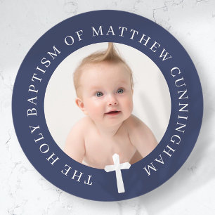 Sticker Rond Baptême Garçon Photo personnalisée et croix simp
