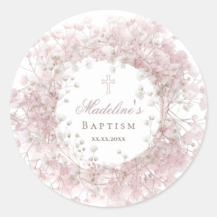 Sticker Rond Baptême gypsophile bébé rose