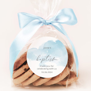 Sticker Rond Baptême minimaliste bleu ciel garçon