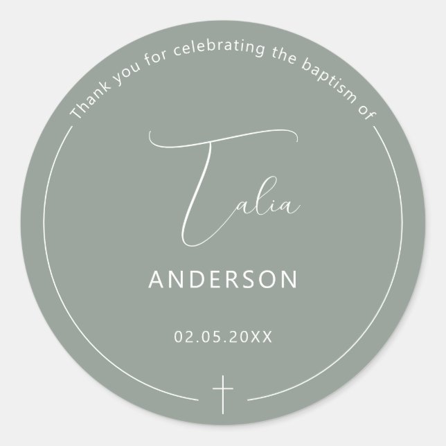 Sticker Rond Baptême minimaliste Croix simple Sauge (Devant)