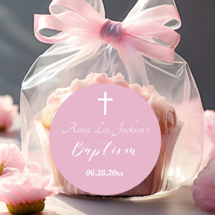 Sticker Rond Baptême moderne Christening Croix Blanche Rose Dus