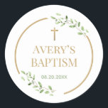 Sticker Rond Baptême moderne courre d'or croix personnalisable<br><div class="desc">Ajoutez une touche spéciale à votre événement grâce aux stickers personnalisés de Baptême d'Aquarelle Feuille Wreath Gold Cross ! Dotés d'une croix d'or élégante et de feuilles d'aquarelle délicats,  ces étiquettes personnalisées sont parfaites pour les faveurs du baptême. Customisez le nom et la date Baptismal.</div>