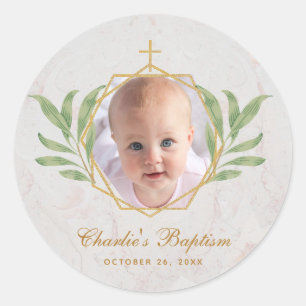 Sticker Rond Baptême Photo Botanique Foliage Feuille géométriqu