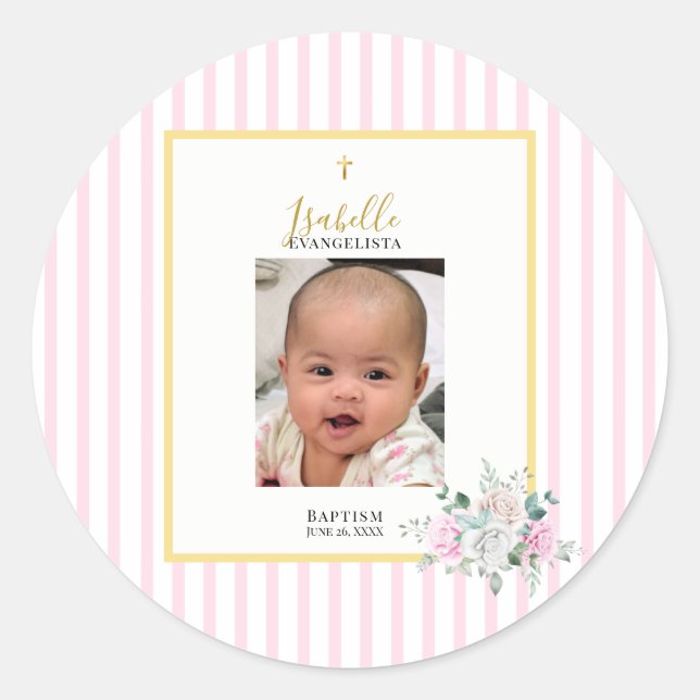 Sticker Rond Baptême photo élégant rose or (Devant)