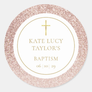 Sticker Rond Baptême rose gold pailleté