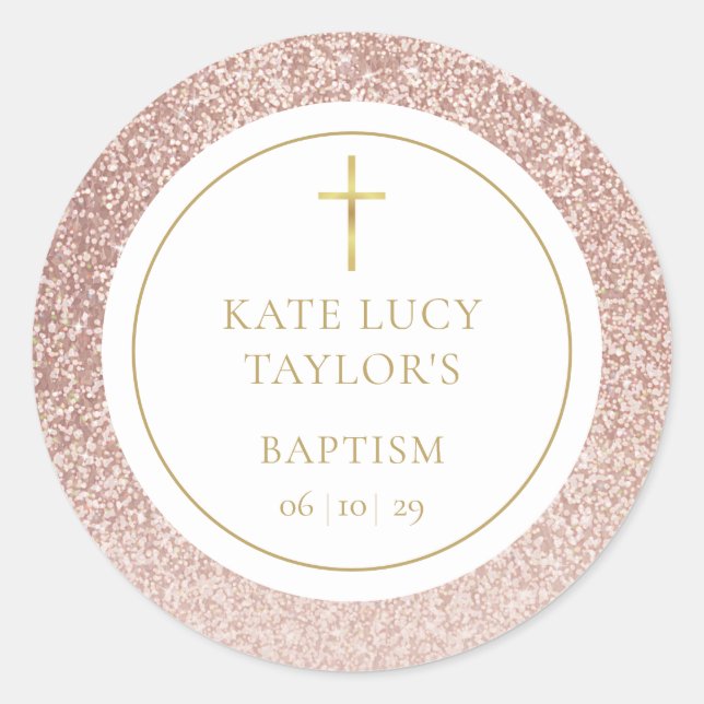 Sticker Rond Baptême rose gold pailleté (Devant)