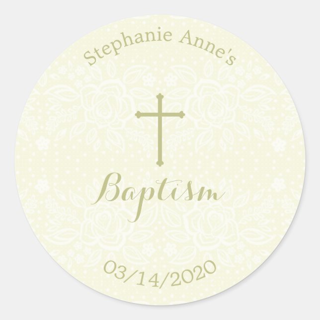 Sticker Rond Baptême Sage Delicate dentelle florale (Devant)