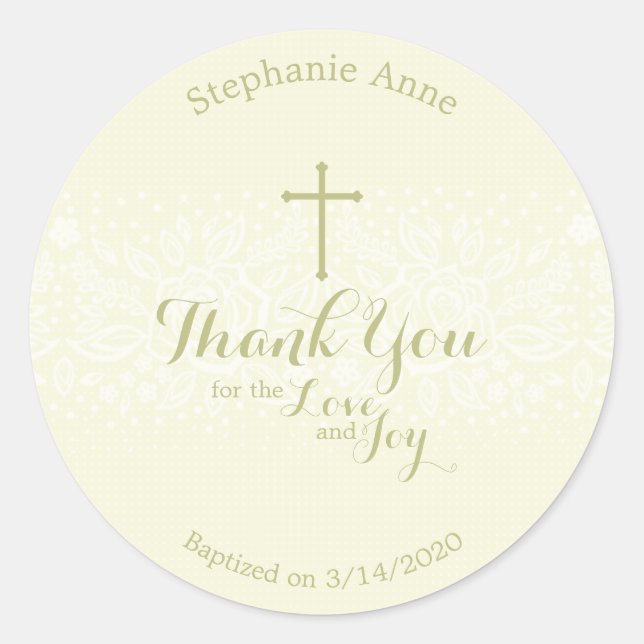 Sticker Rond Baptême Sage Delicate dentelle florale (Devant)