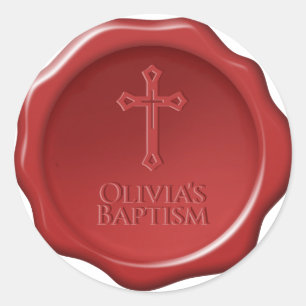 Sticker Rond Baptême Sceau de cire rouge Croix & Nom Élégant St
