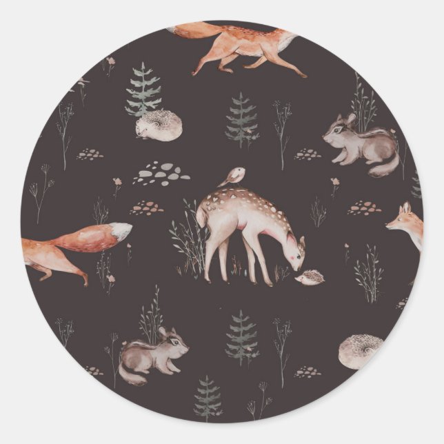 Sticker Rond Baptême Thème Animaux de la Forêt Aquarelle (Devant)