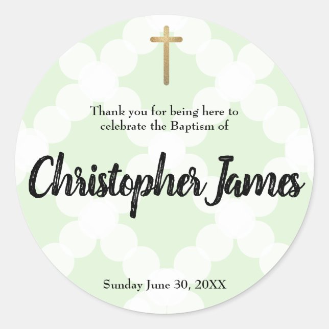 Sticker Rond Baptême vert bébé personnalisé merci (Devant)