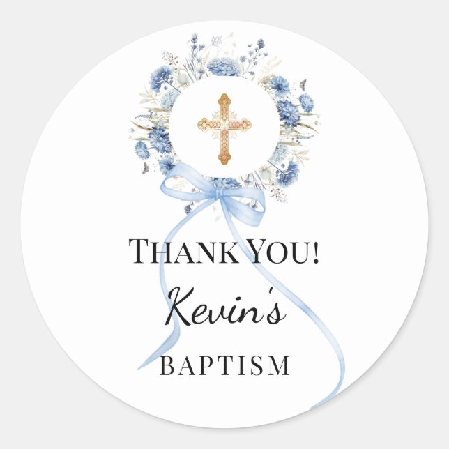 Sticker Rond Baptism blue boy florals wreath cross thank you (Devant)