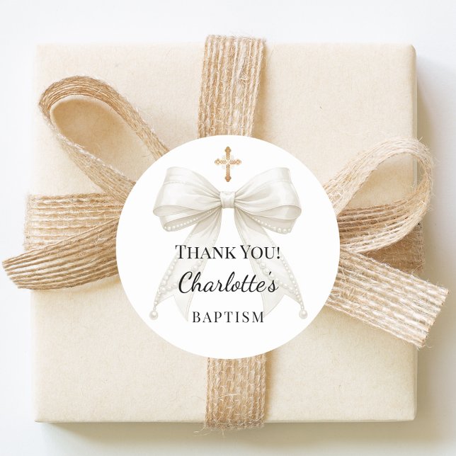 Sticker Rond Baptism bow ivory pearls cross thank you (Créateur téléchargé)