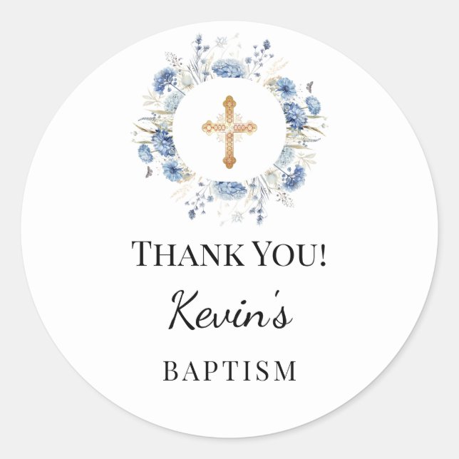 Sticker Rond Baptism boy blue florals wreath cross thank you (Devant)