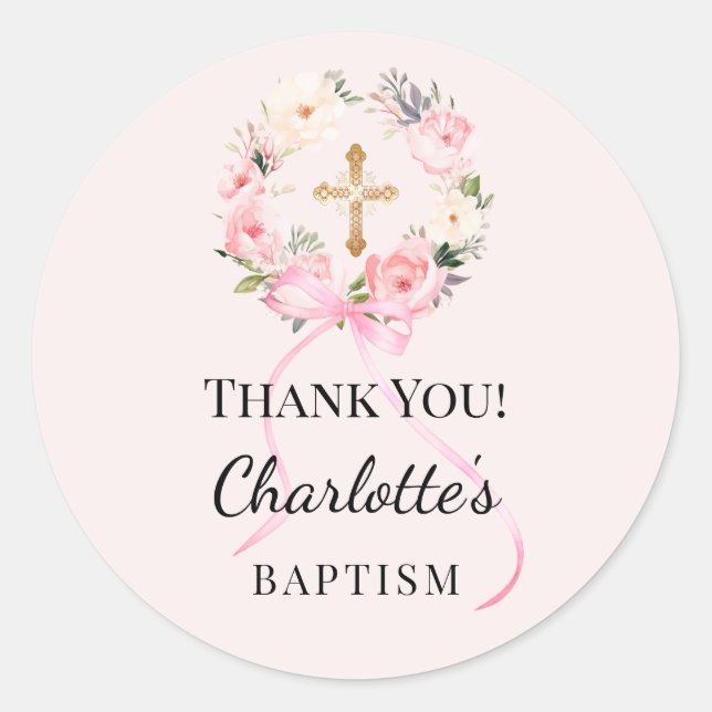 Sticker Rond Baptism pink girl florals wreath cross thank you (Devant)
