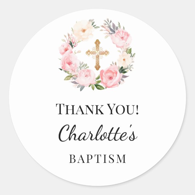 Sticker Rond Baptism pink girl florals wreath cross thank you (Devant)