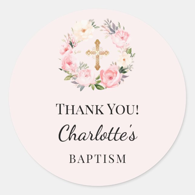 Sticker Rond Baptism pink girl florals wreath cross thank you (Devant)
