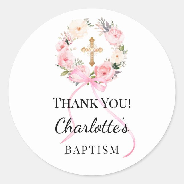 Sticker Rond Baptism pink girl florals wreath cross thank you (Devant)