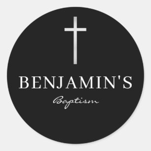 Sticker Rond BAPTISM SEAL moderne mince gris argent croix noir