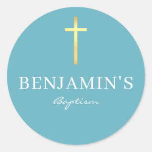 Sticker Rond BAPTISM SEAL moderne mince or croix aqua bleu ciel