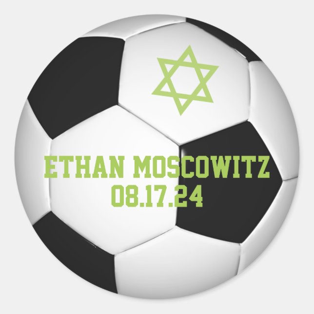 Sticker Rond Bar Mitzvah balle de foot noir et blanc (Devant)