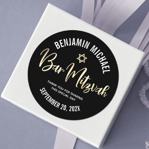 Sticker Rond Bar Mitzvah Black Gold Foil Script Bold Modern Mod
