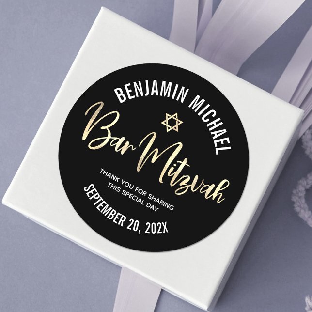 Sticker Rond Bar Mitzvah Black Gold Foil Script Bold Modern Mod (Créateur téléchargé)