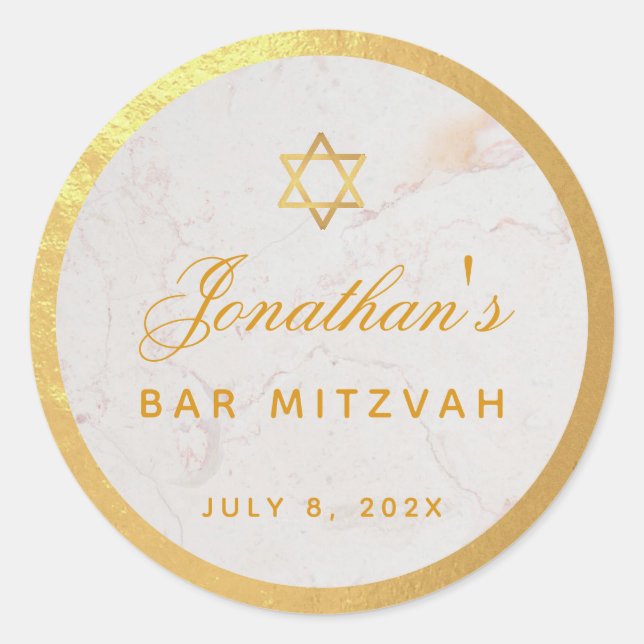 Sticker Rond Bar Mitzvah Elégante Faux Gold Marble Calligraphie (Devant)