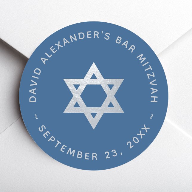 Sticker Rond Bar Mitzvah Étoile de David Bleu Classique Faux Ar (Créateur téléchargé)