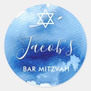 Sticker Rond BAR MITZVAH étoile smart bleu aquarelle invitation