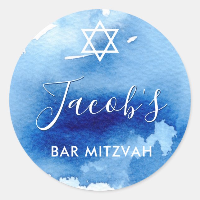 Sticker Rond BAR MITZVAH étoile smart bleu aquarelle invitation (Devant)