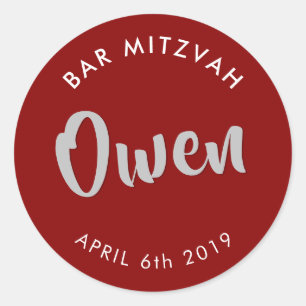 Sticker Rond BAR MITZVAH faveur moderne bordeaux rouge argent