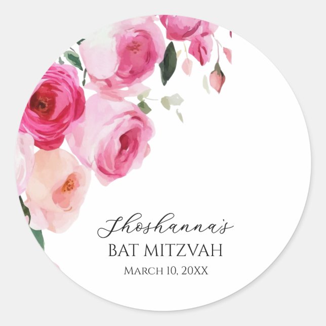 Sticker Rond Bar Mitzvah Floral Moderne Rose  (Devant)