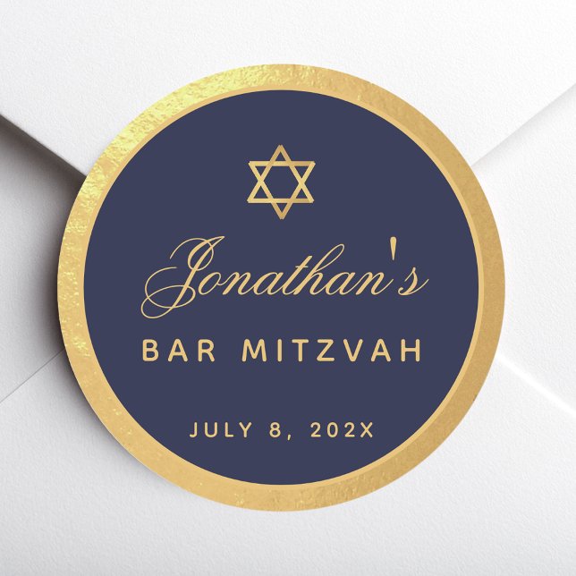 Sticker Rond Bar Mitzvah Marine Bleu Faux Or Élégant Script (Créateur téléchargé)