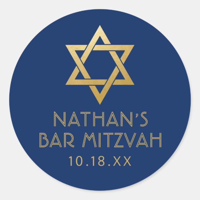 Sticker Rond Bar Mitzvah Marine Blue & Gold Star de David Nom (Devant)