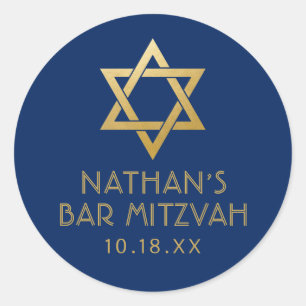 Sticker Rond Bar Mitzvah Marine Blue & Gold Star de David Nom