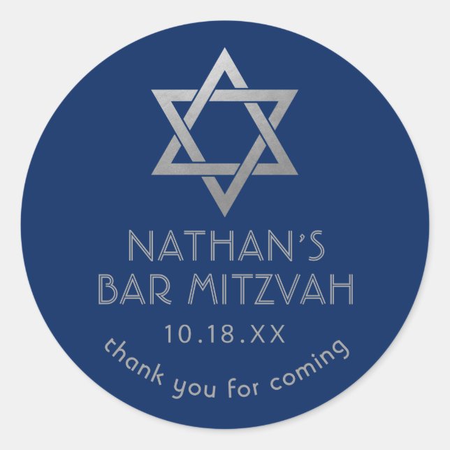 Sticker Rond Bar Mitzvah Merci Bleu étoile d'argent David (Devant)